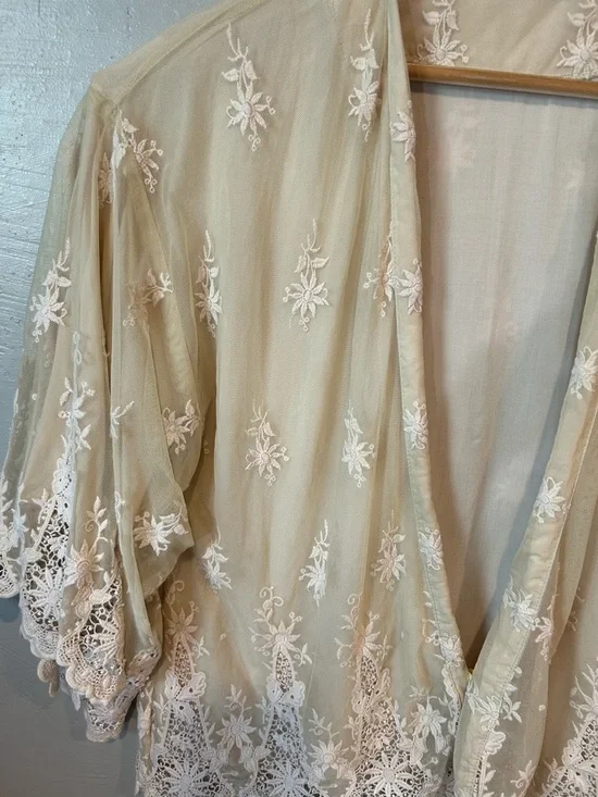 Zara Sheer Embroidered Kimono in Beige with White Lace - Picture 4 of 16